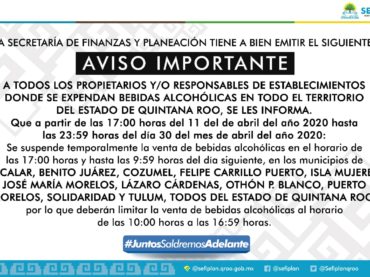 Nuevos horarios para suspensión de venta de bebidas alcohólicas por la situación sanitaria del COVID-19