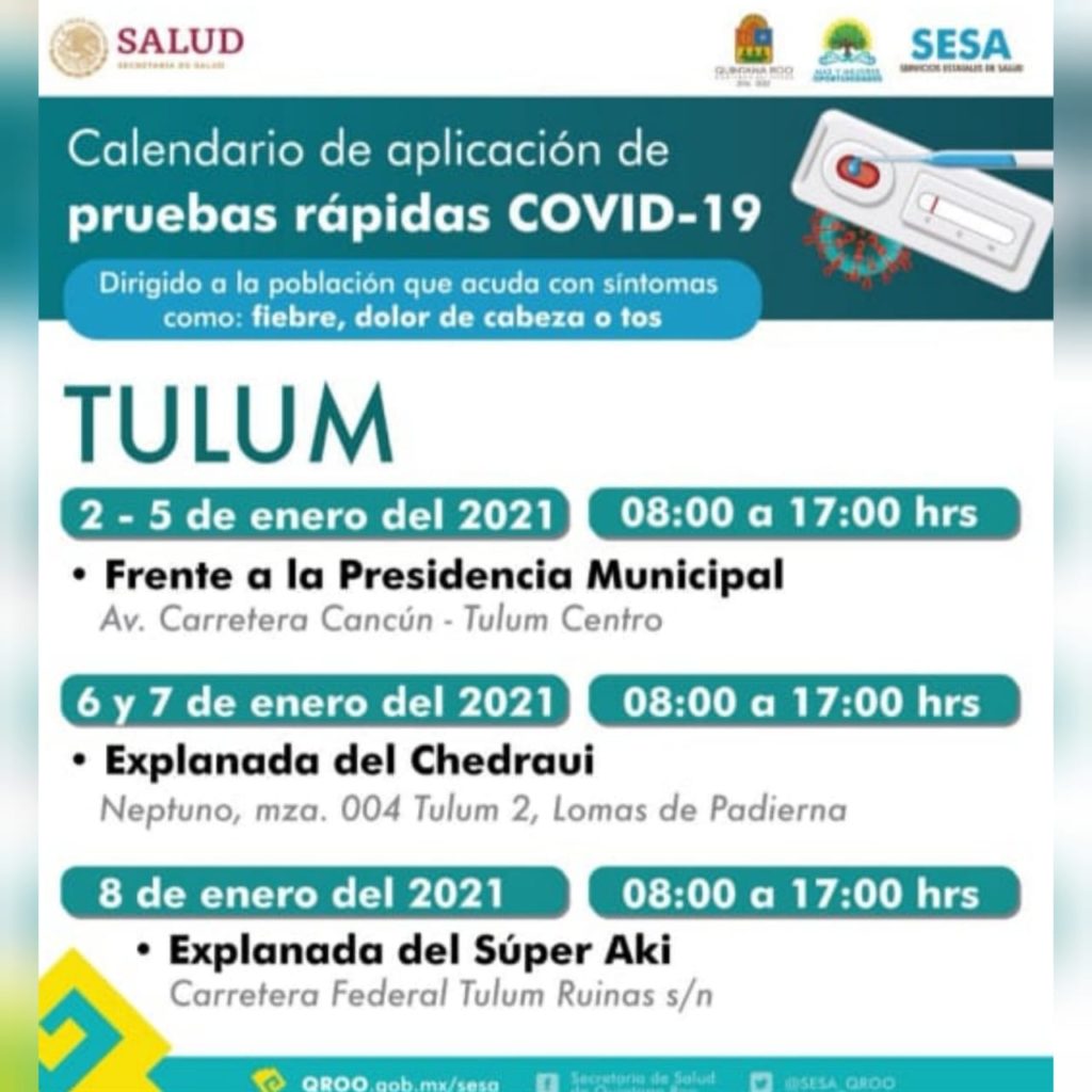 Módulos de aplicación de pruebas rápidas del 2 al 8 de enero