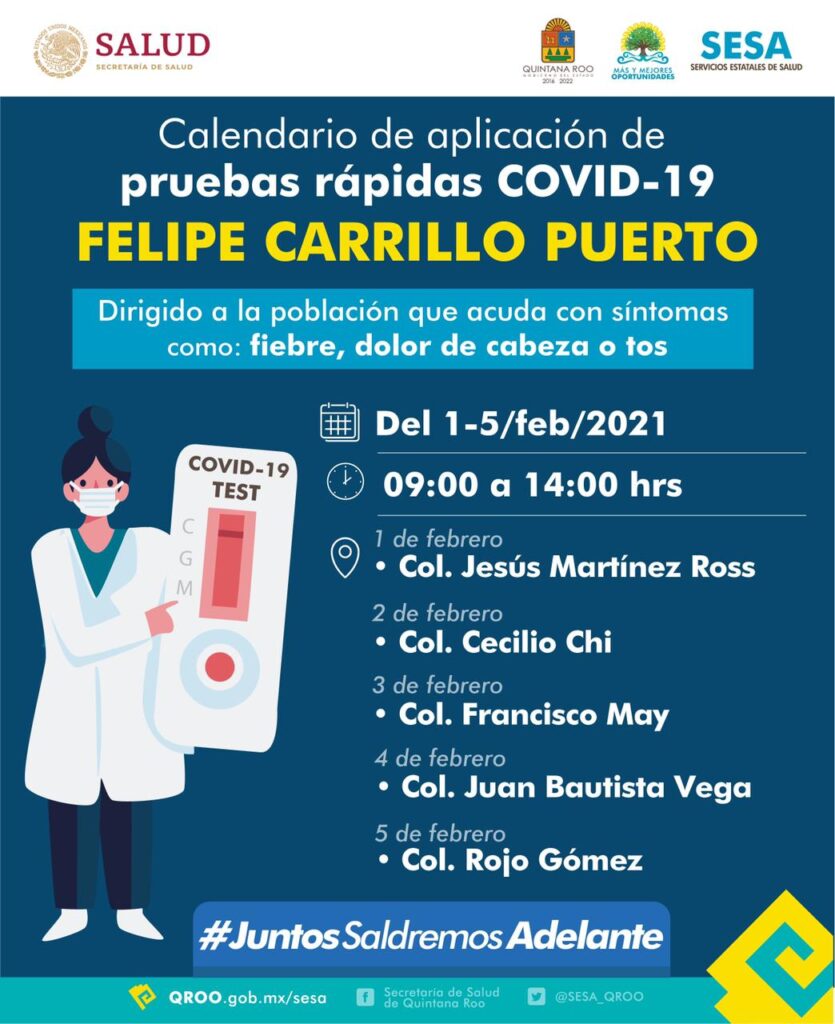 Calendario de aplicación de pruebas rápidas del 3 al 15 de febrero